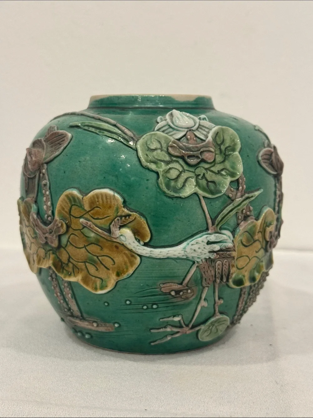Antique Chinese Wang Bingrong Green Relief Porcelain Ginger Jar Crane & Lotus 4”